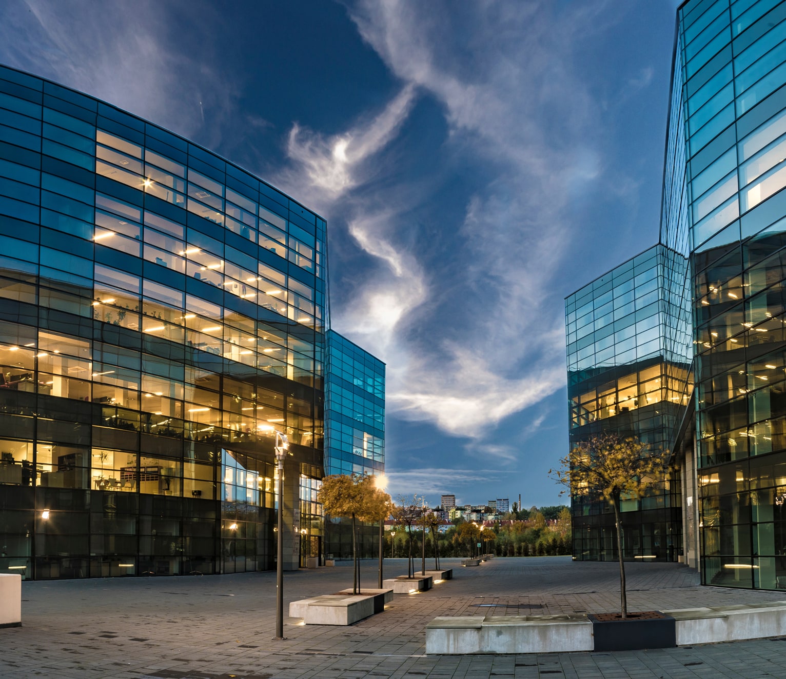 Corporate campus at dusk
