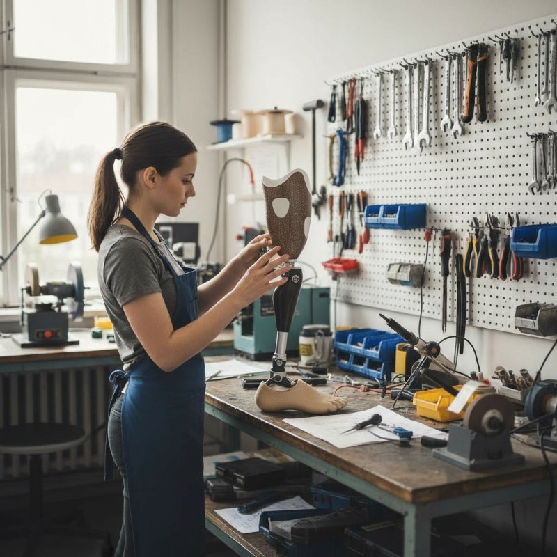 Prosthetics girl at workbench