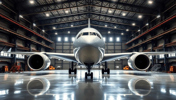 Commercial aircraft in hangar
