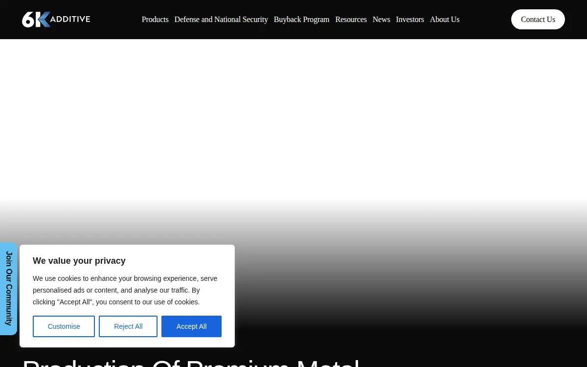 Homepage of 6k Additive, INC.