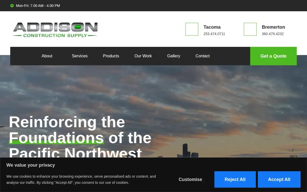 Homepage of Addison Construction Supply, INC.