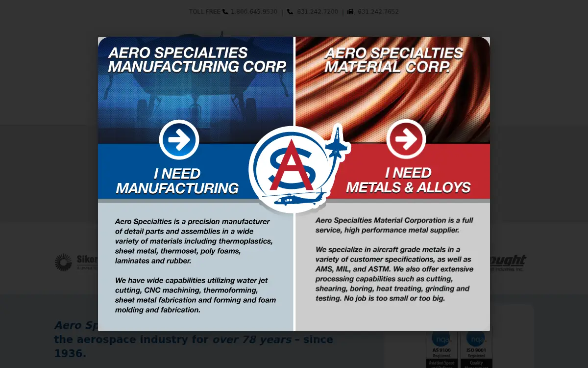 Homepage of Aero Specialties Manufacturing CORP.