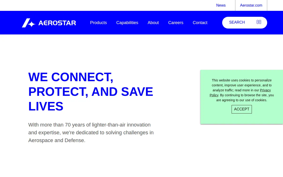 Homepage of Aerostar International, LLC