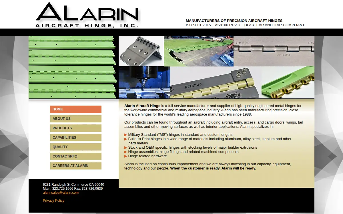 Homepage of Alarin Aircraft Hinge, INC.
