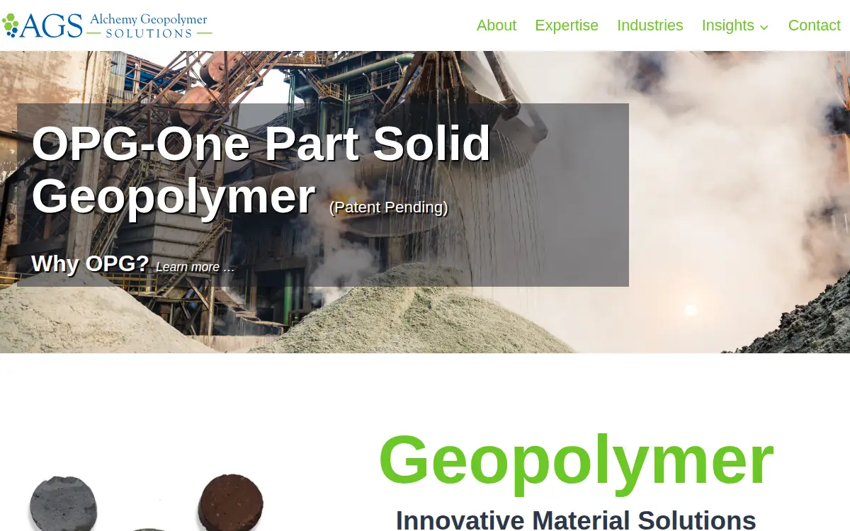 Homepage of Alchemy Geopolymer Solutions, LLC