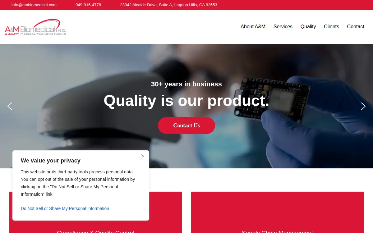 Homepage of A & M Biomedical INC.