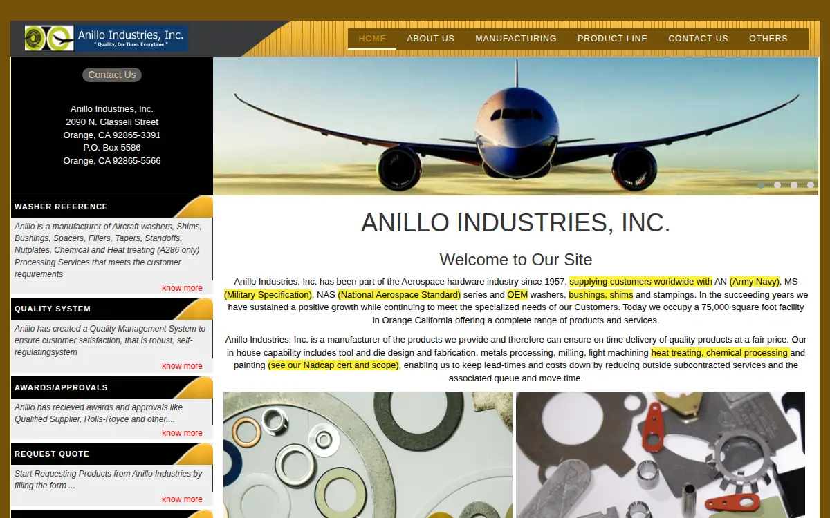Homepage of Anillo Industries LLC