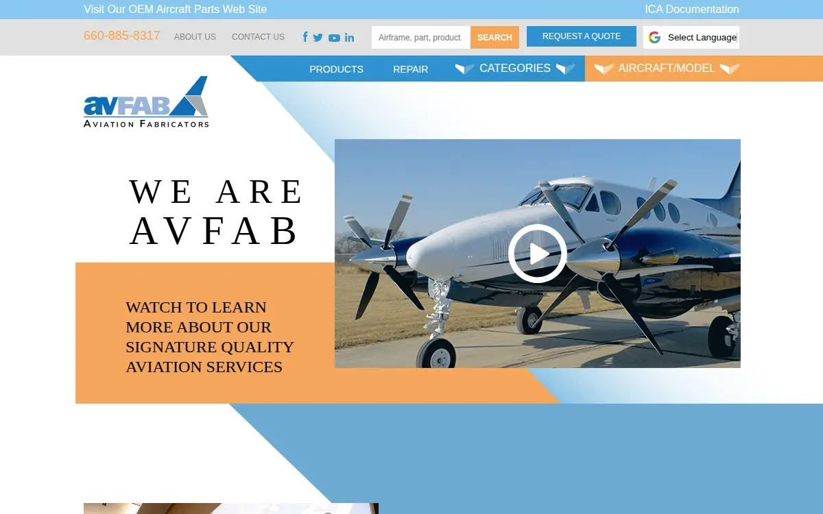 Homepage of Aviation Fabricators, INC.