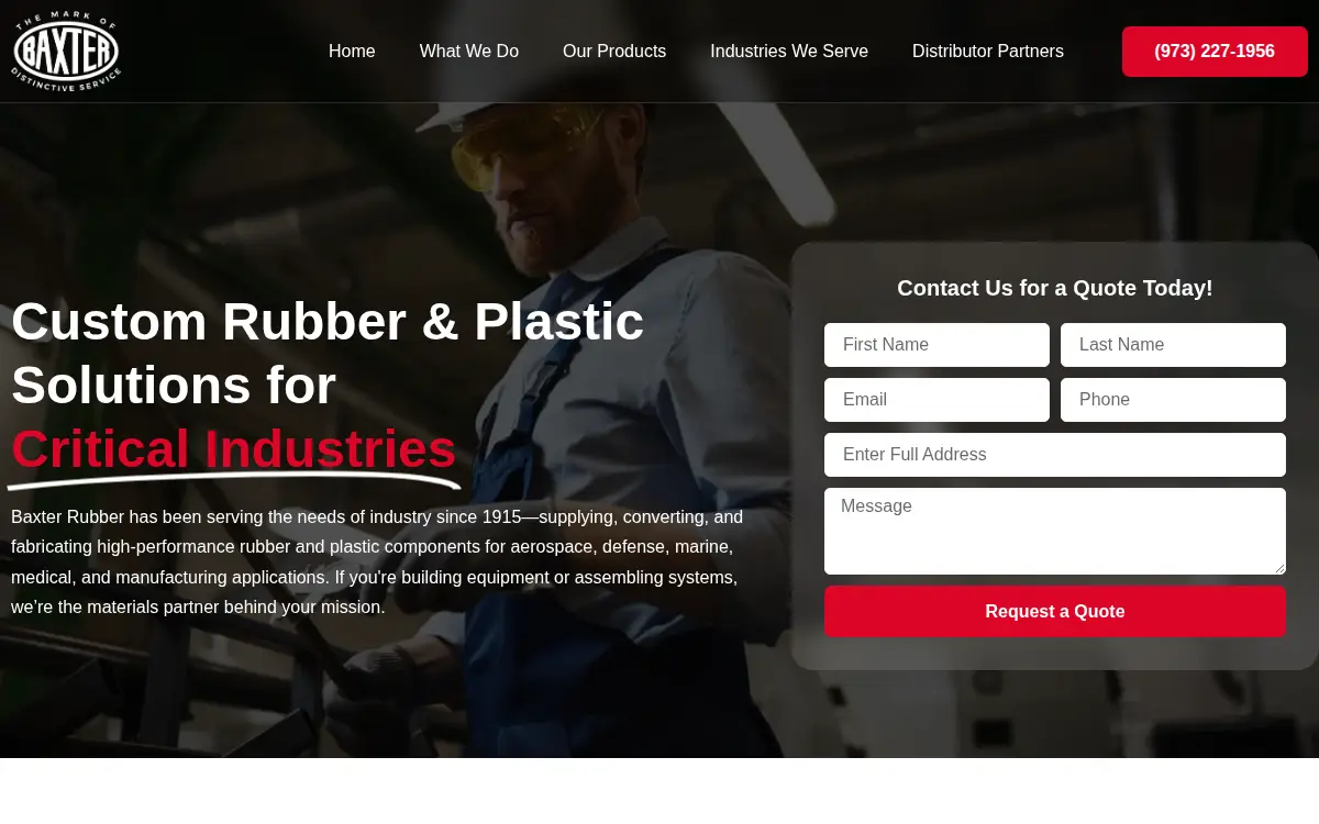 Homepage of Baxter Rubber Company