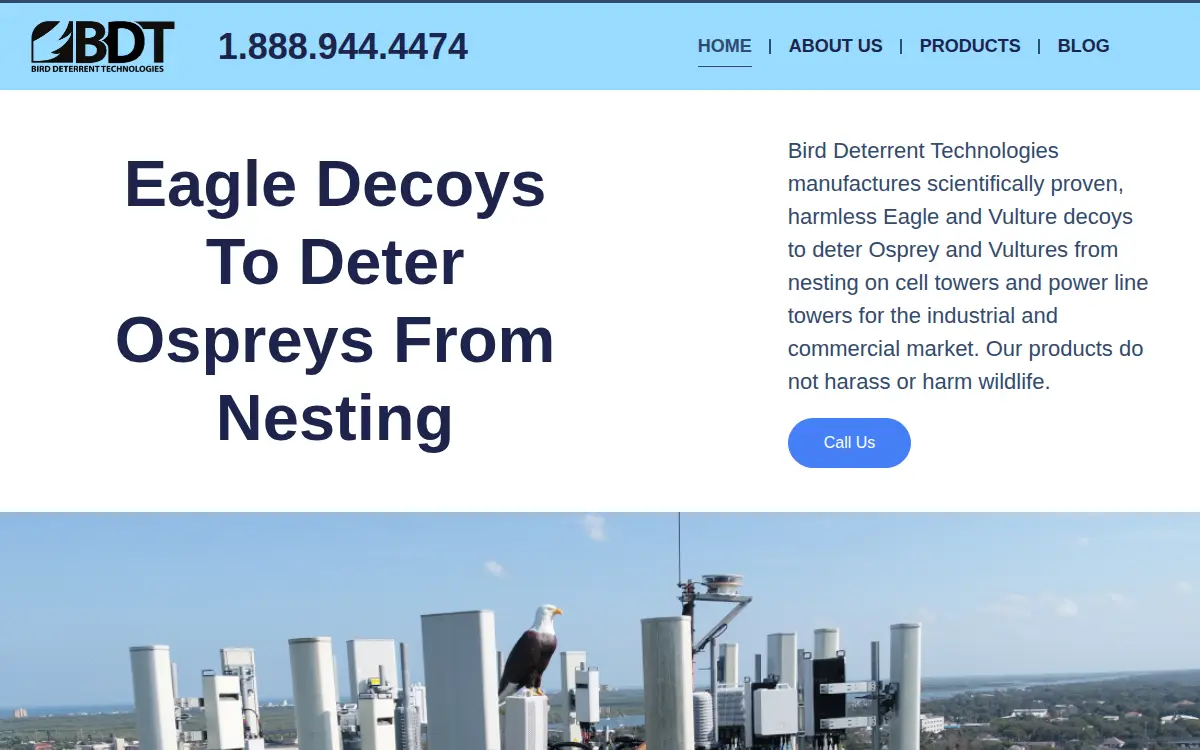 Homepage of Bird Deterrent Technologies LLC