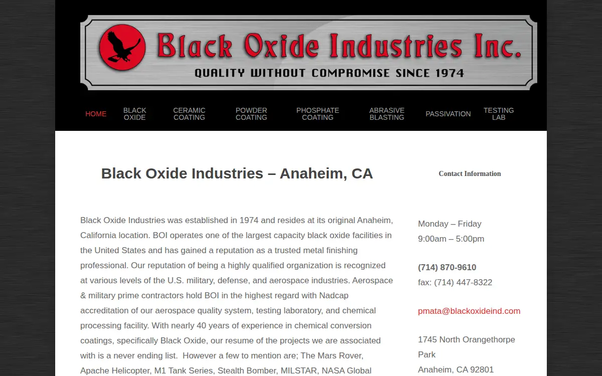 Homepage of Black Oxide Industries, INC.