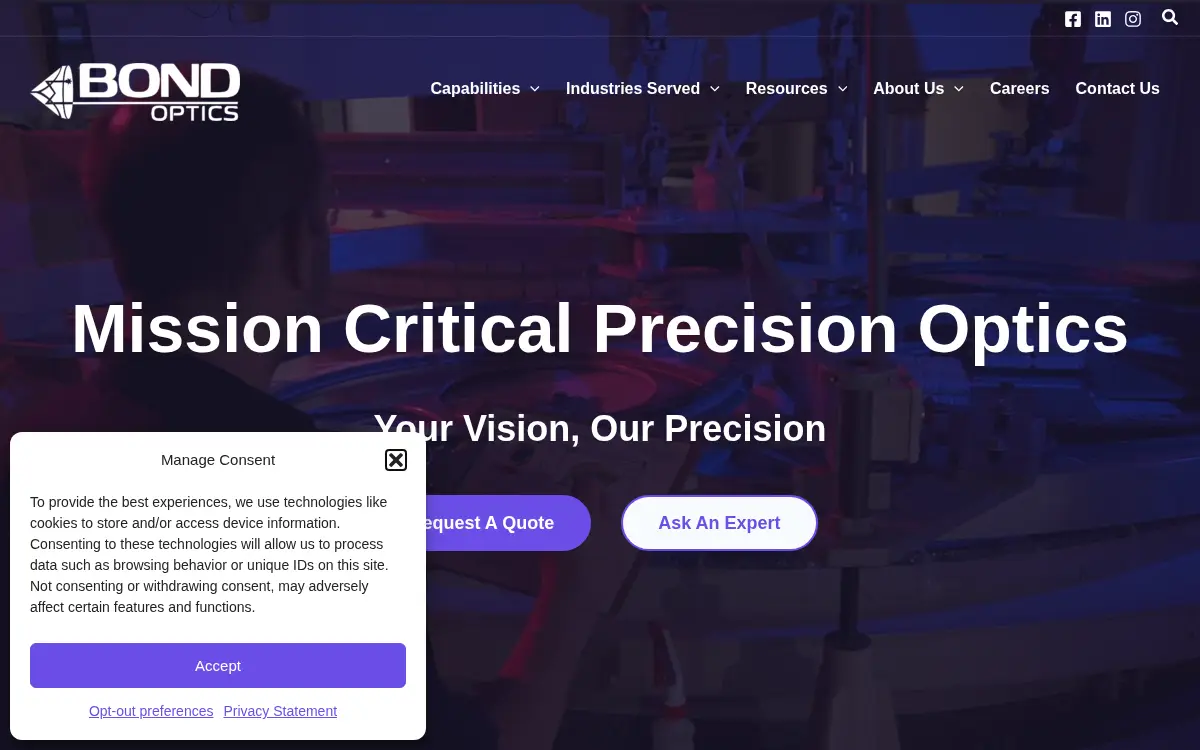 Homepage of Bond Optics, LLC