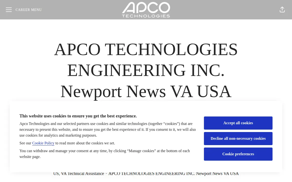 Homepage of Apco Technologies Engineering INC.