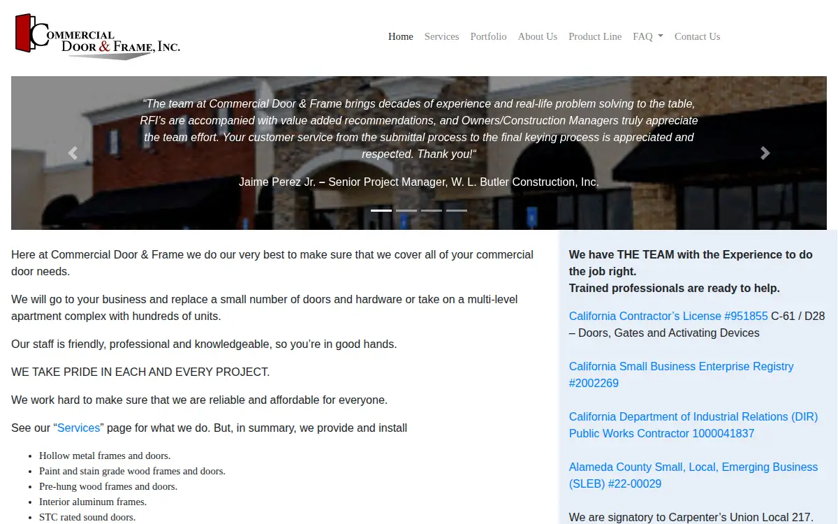 Homepage of Commercial Door & Frame, INC.