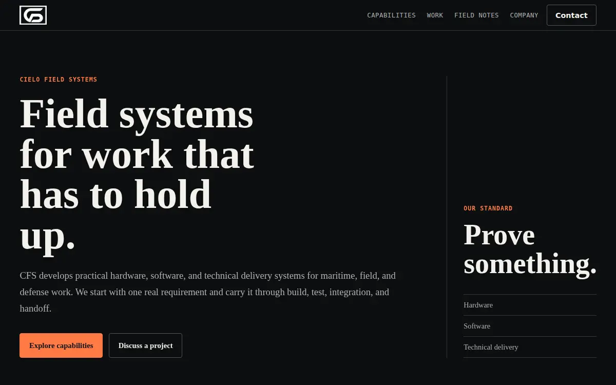 Homepage of Cielo Field Systems LLC
