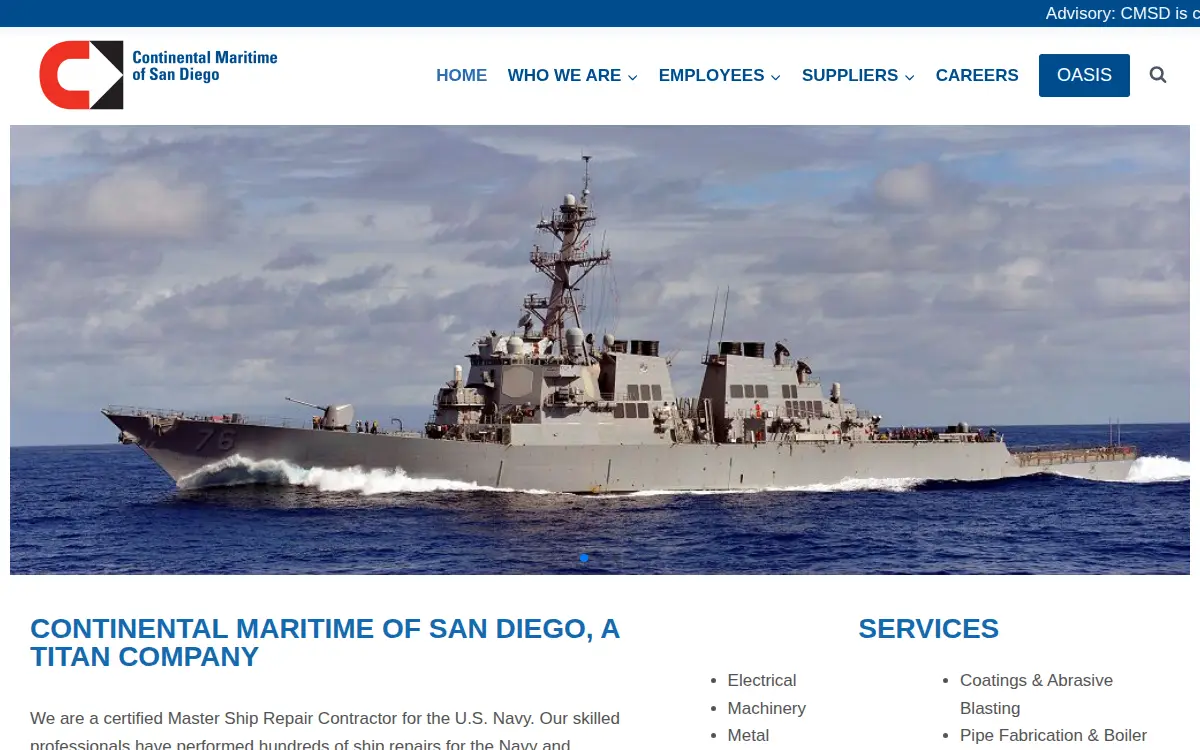 Homepage of Continental Maritime of San Diego, LLC