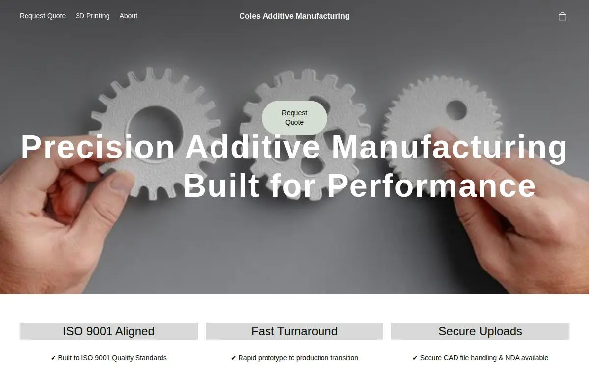 Homepage of Coles Additive Manufacturing LLC