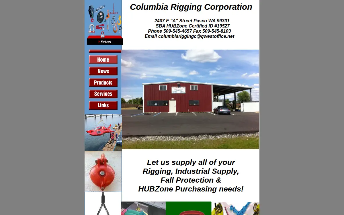 Homepage of Columbia Rigging Corporation