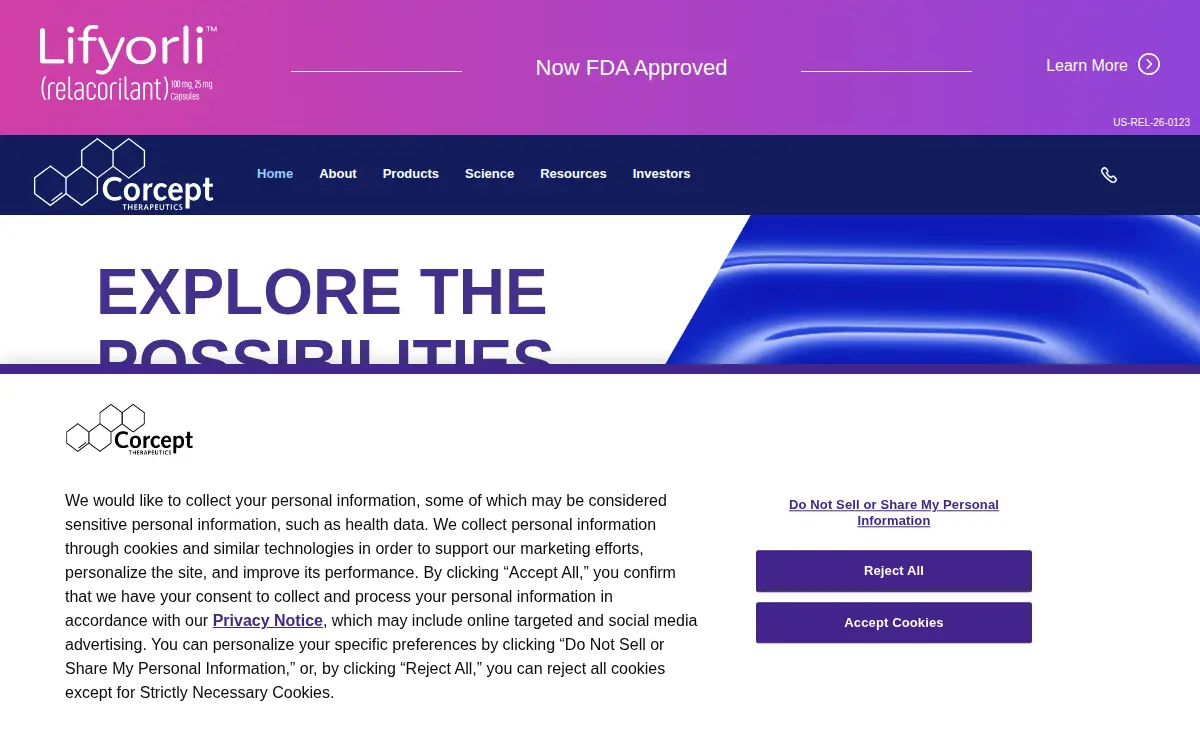 Homepage of Corcept Therapeutics Incorporated