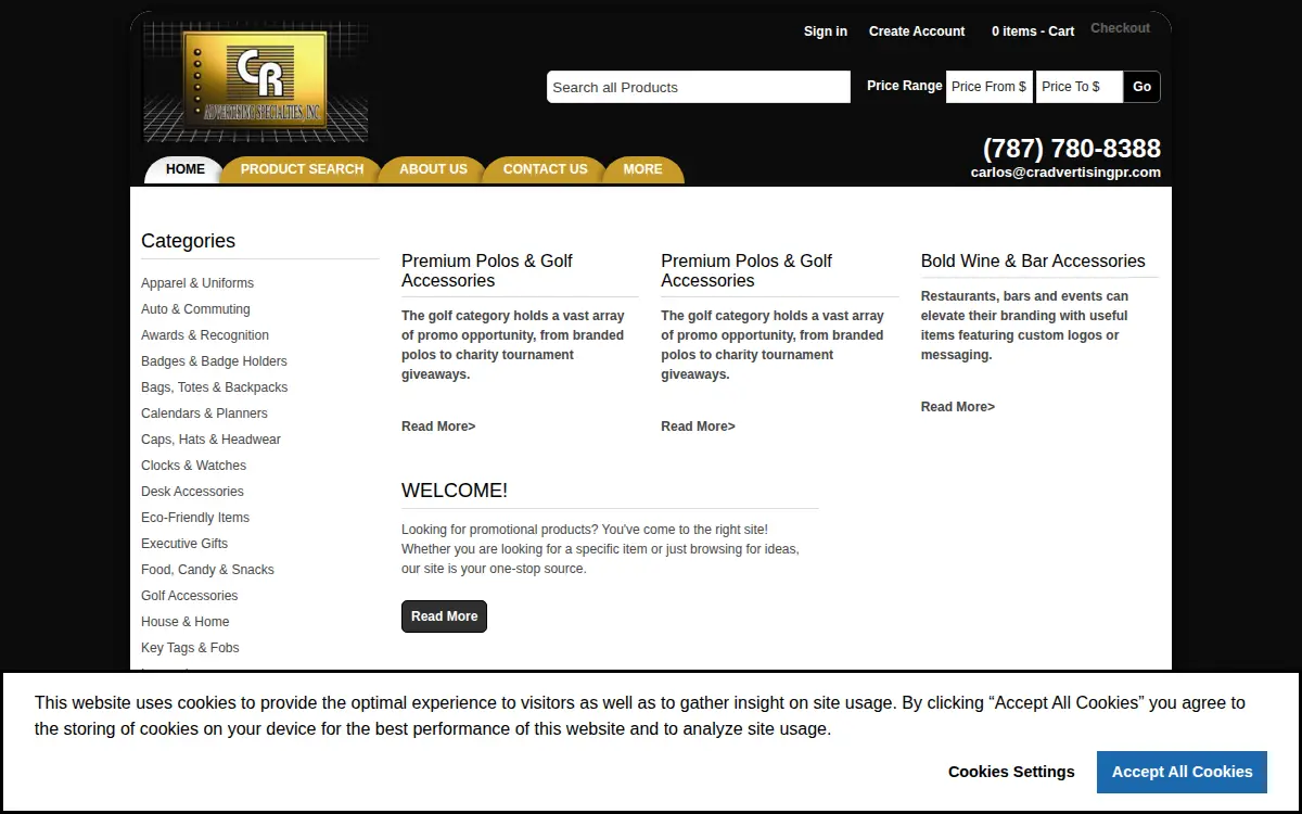 Homepage of C.r. Advertising Specialties, INC