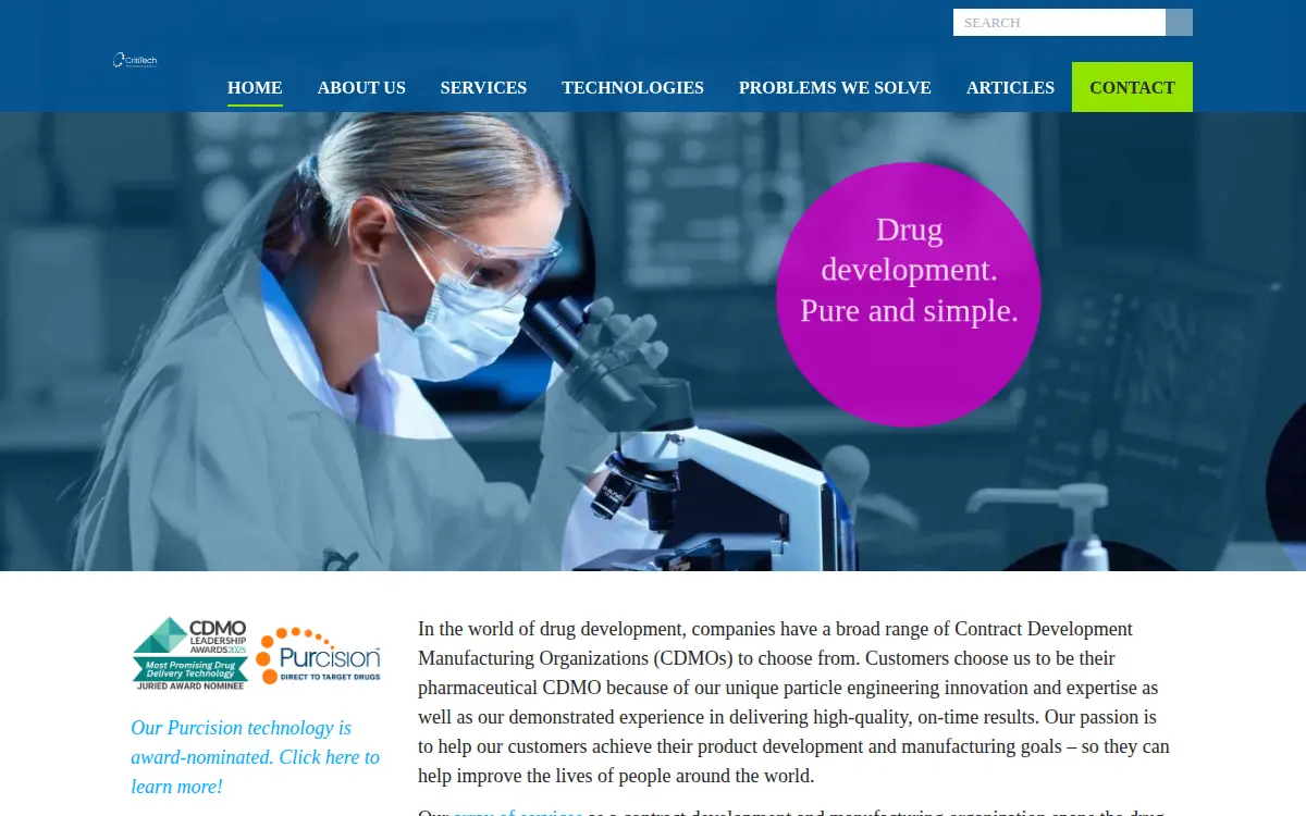 Homepage of Crititech Particle Engineering Solutions, LLC
