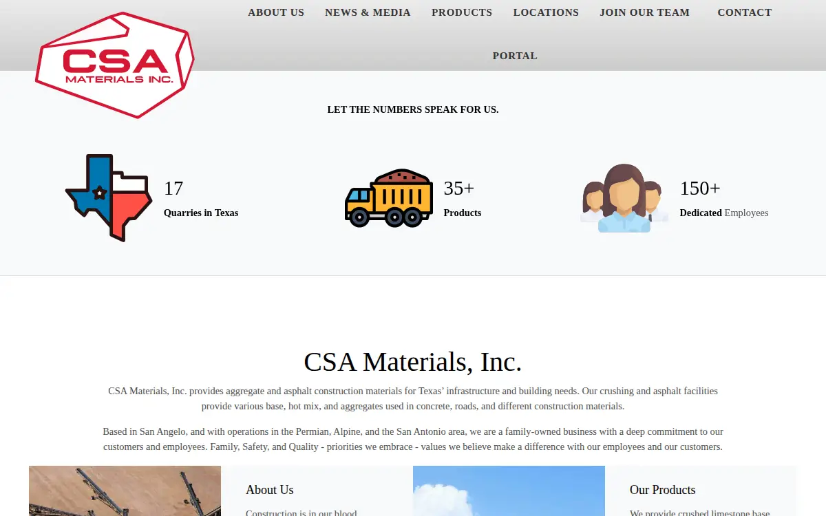Homepage of Csa Materials, INC.