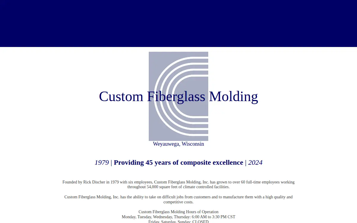 Homepage of Custom Fiberglass Molding, INC.