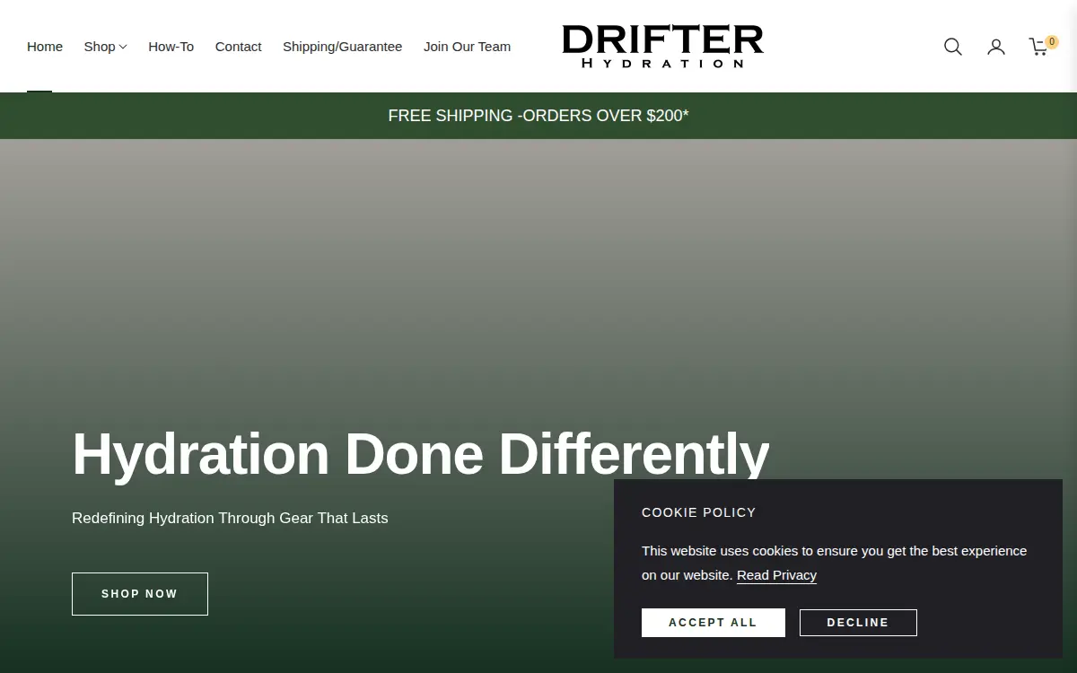 Homepage of Drifter Hydration, LLC