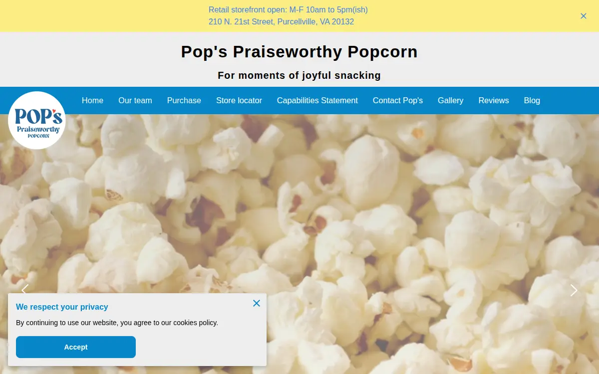 Homepage of Pop's Praiseworthy Popcorn LLC