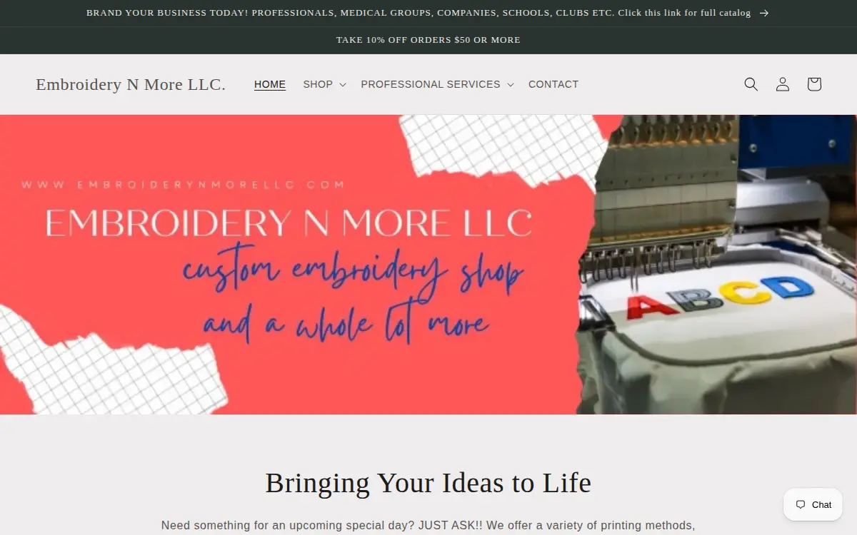 Homepage of Embroidery N More LLC.