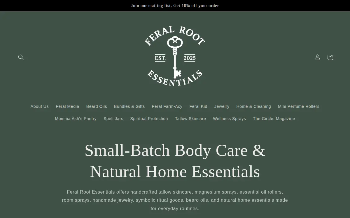 Homepage of Feral Root Essentials LLC