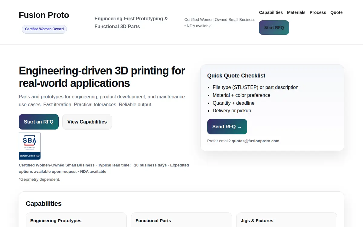 Homepage of Fusion Proto LLC