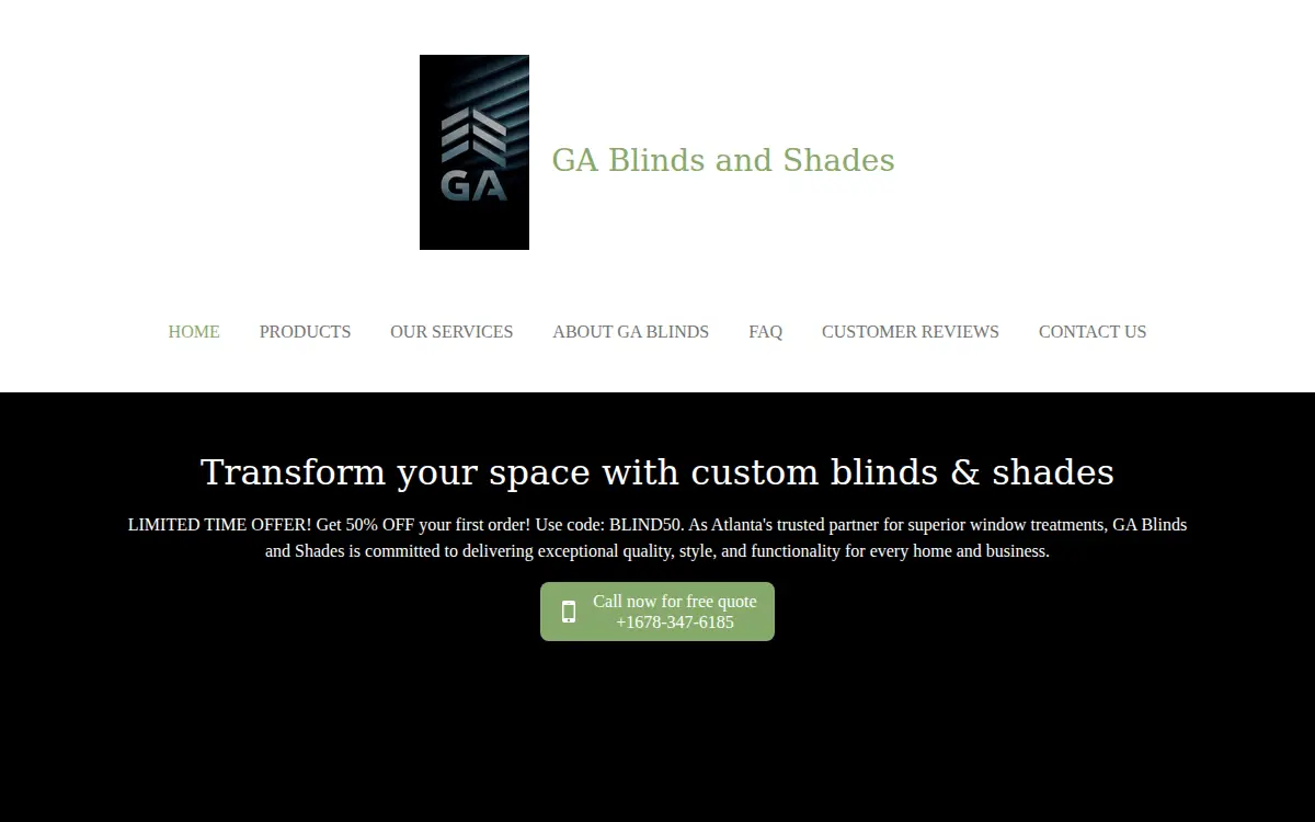 Homepage of Ga Blinds and Shades LLC.