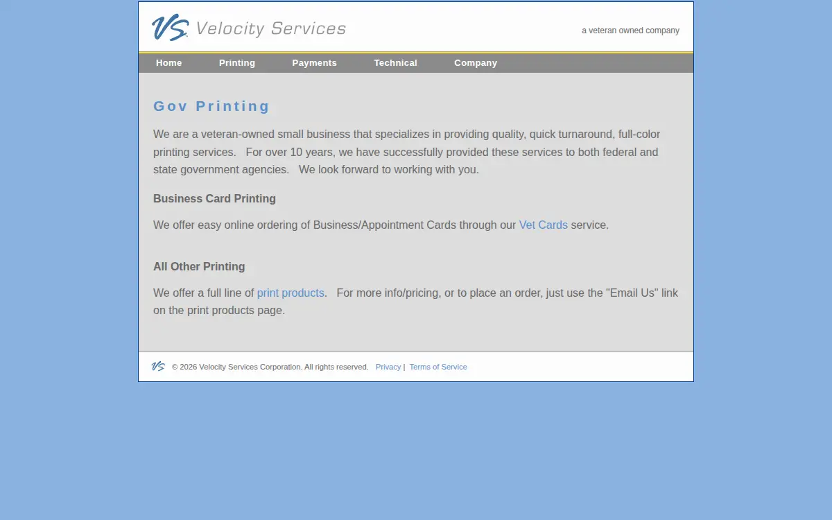 Homepage of Velocity Services CORP.