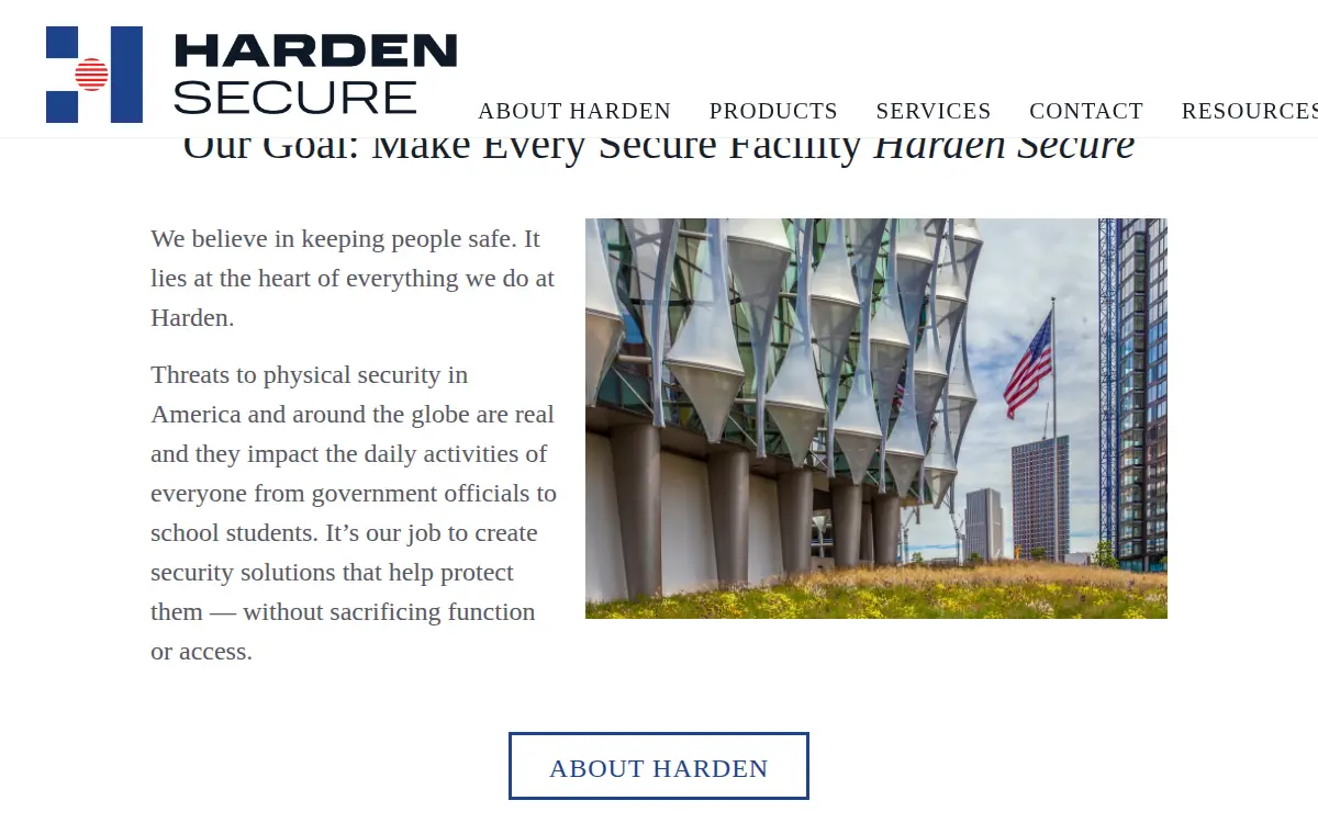 Homepage of Harden Architectural Security Products, LLC