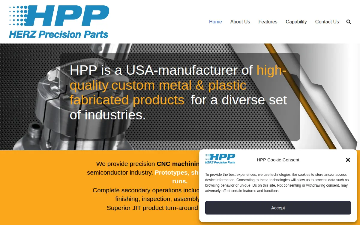Homepage of Herz Precision Parts, LLC