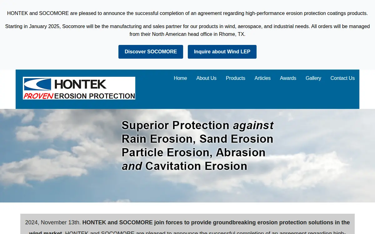 Homepage of Hontek Corporation