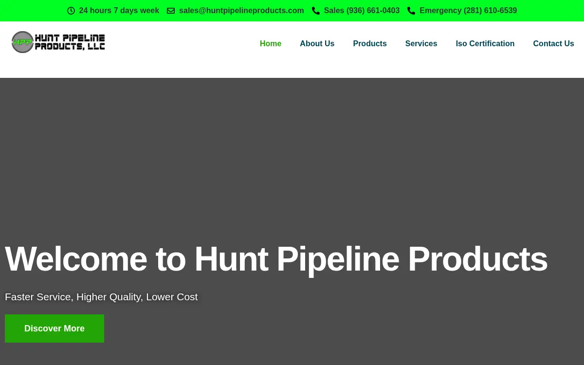 Homepage of Hunt Pipeline Products LLC