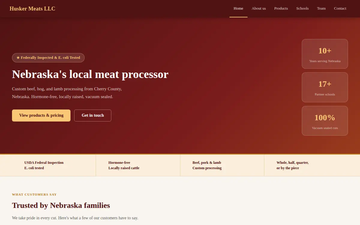 Homepage of Husker Meats, L.l.c.