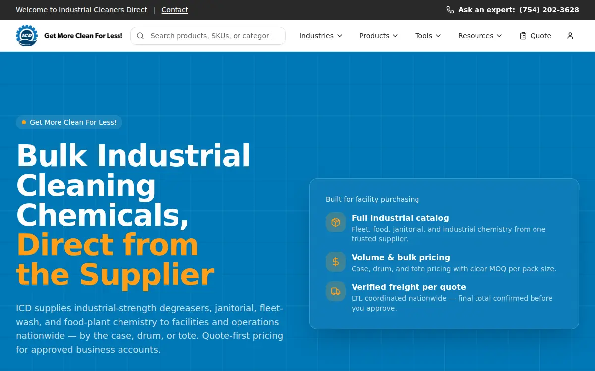 Homepage of Industrial Cleaners Direct LLC