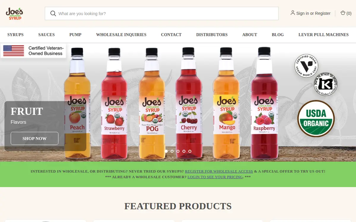 Homepage of Joe's Syrup, LLC