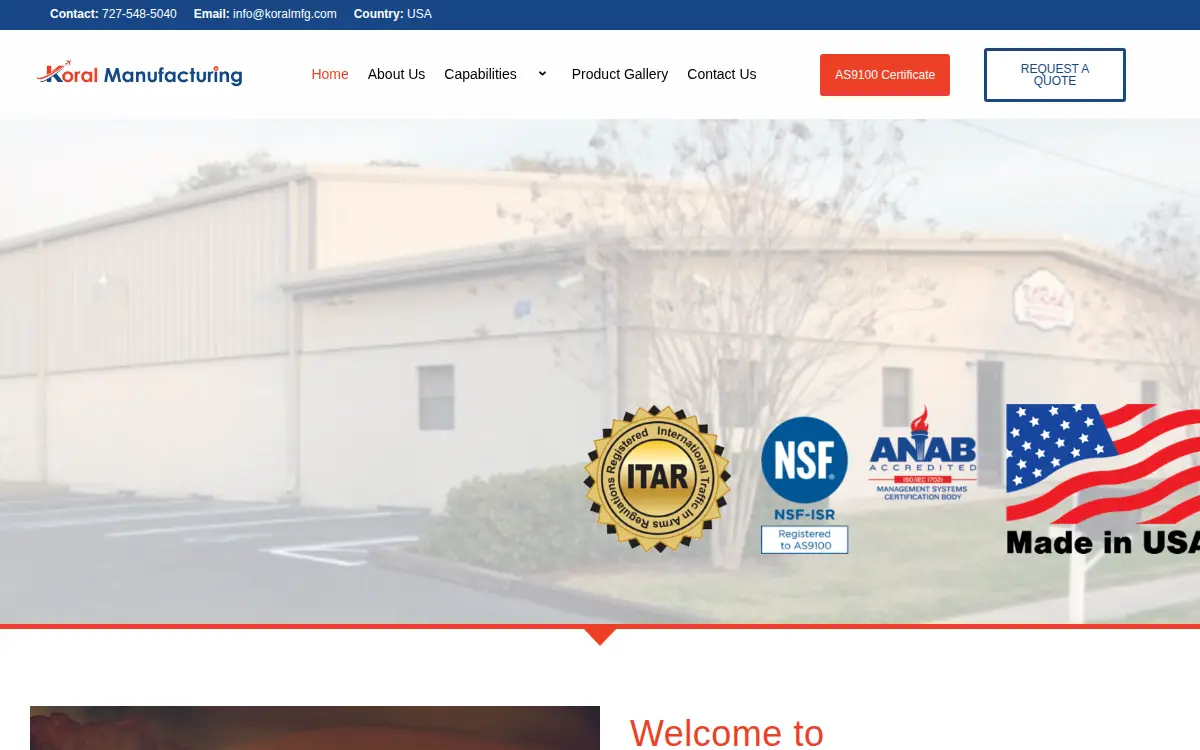 Homepage of Koral Precision LLC