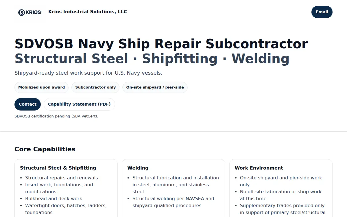 Homepage of Krios Industrial Solutions LLC