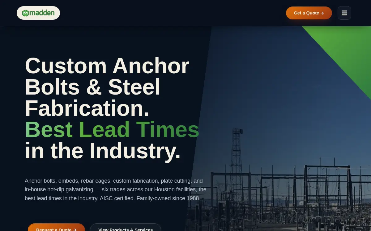 Homepage of Madden Bolt Corporation