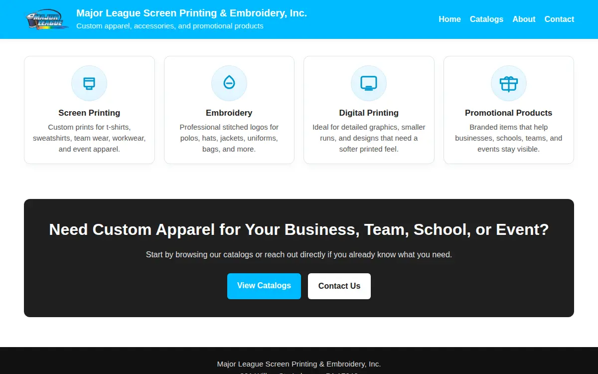 Homepage of Major League Screen Printing & Embroidery, INC