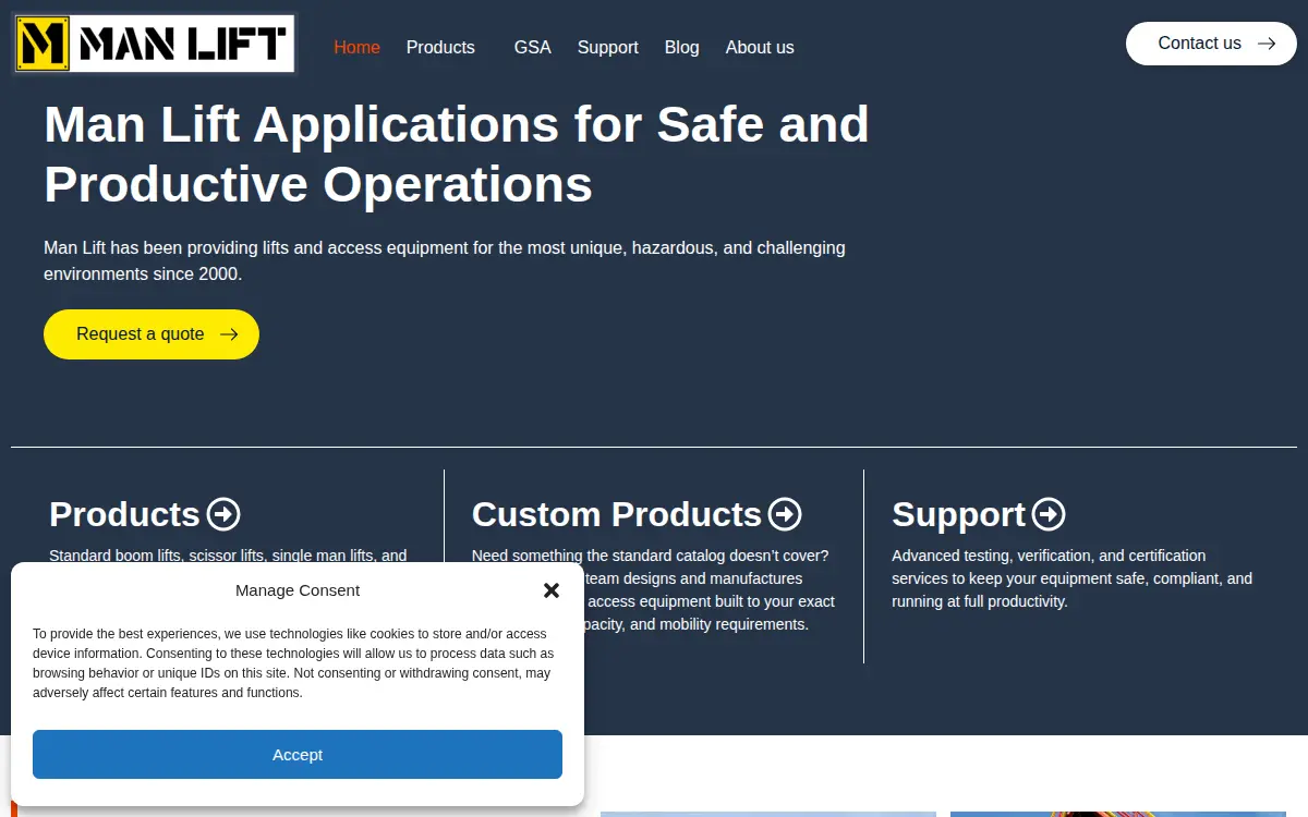 Homepage of Man Lift Manufacturing Shelby, LLC