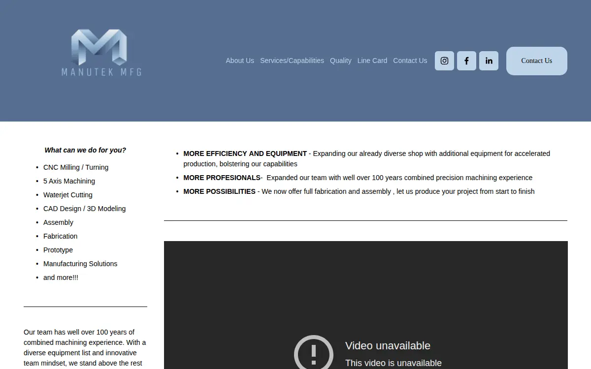 Homepage of Manutek Mfg LLC