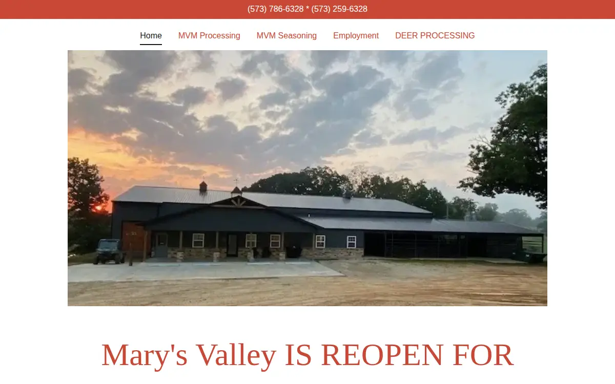 Homepage of Mary's Valley Meat Processing, LLC