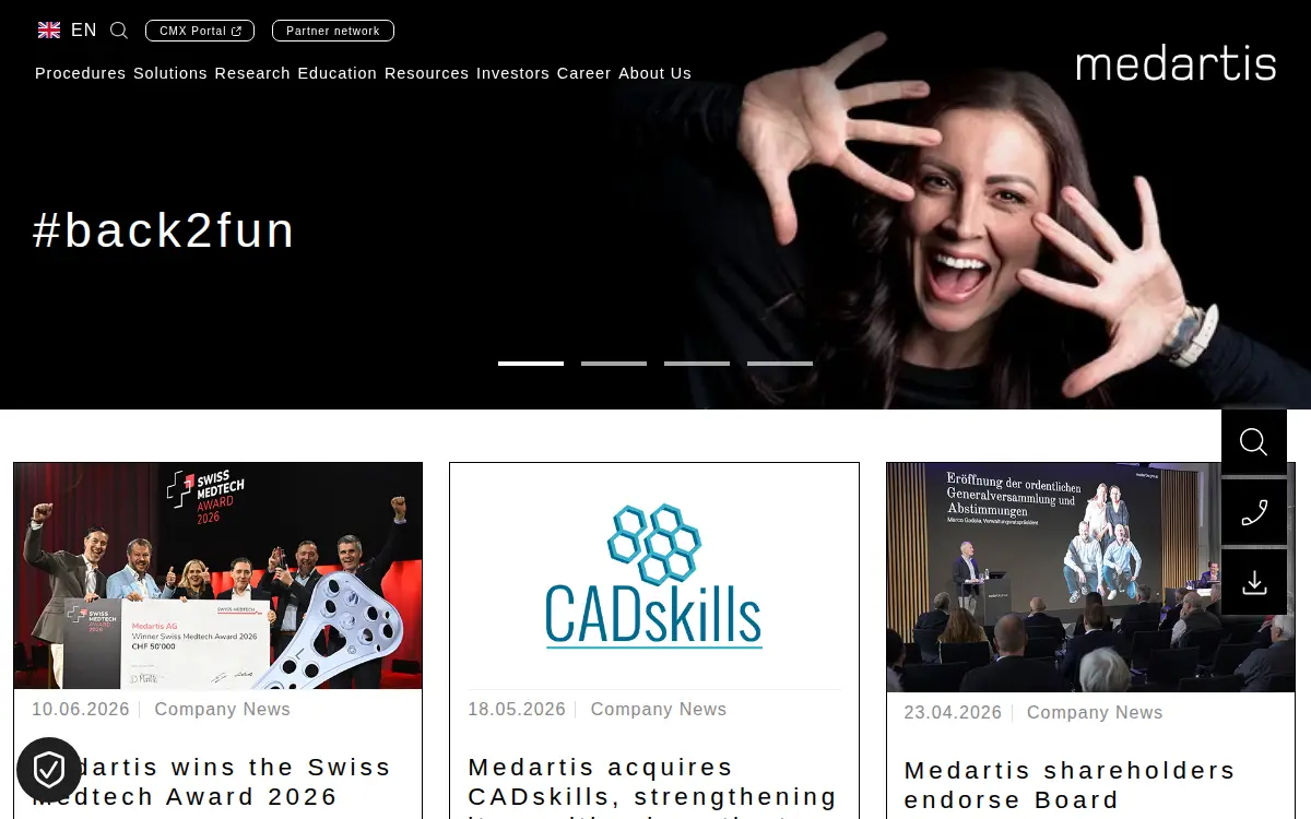 Homepage of Medartis INC