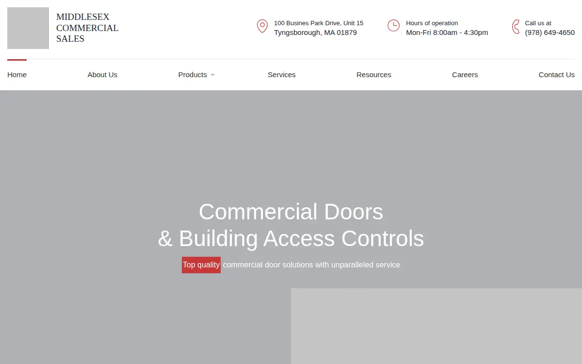 Homepage of Middlesex Commercial Sales, INC.
